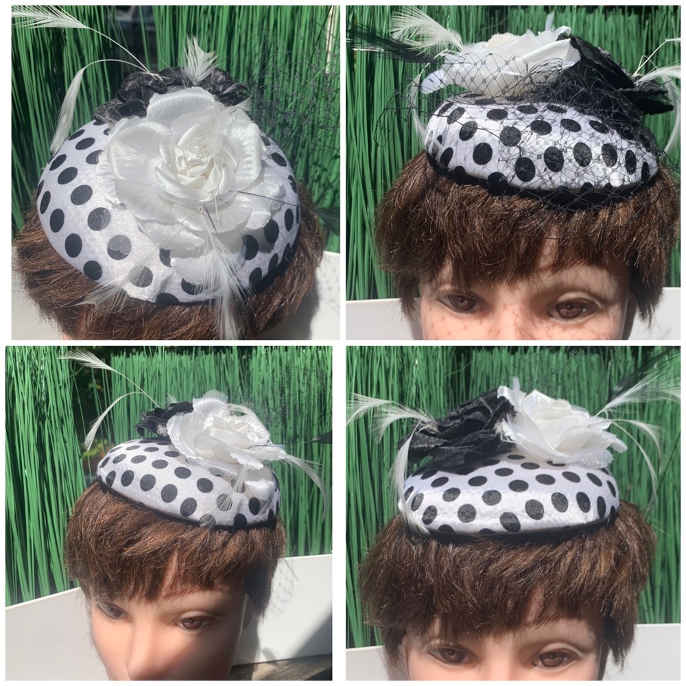 ⭐️ Fascinator - BRITISH Polka dot with Black and White Flowers EUC - Picture 4 of 16